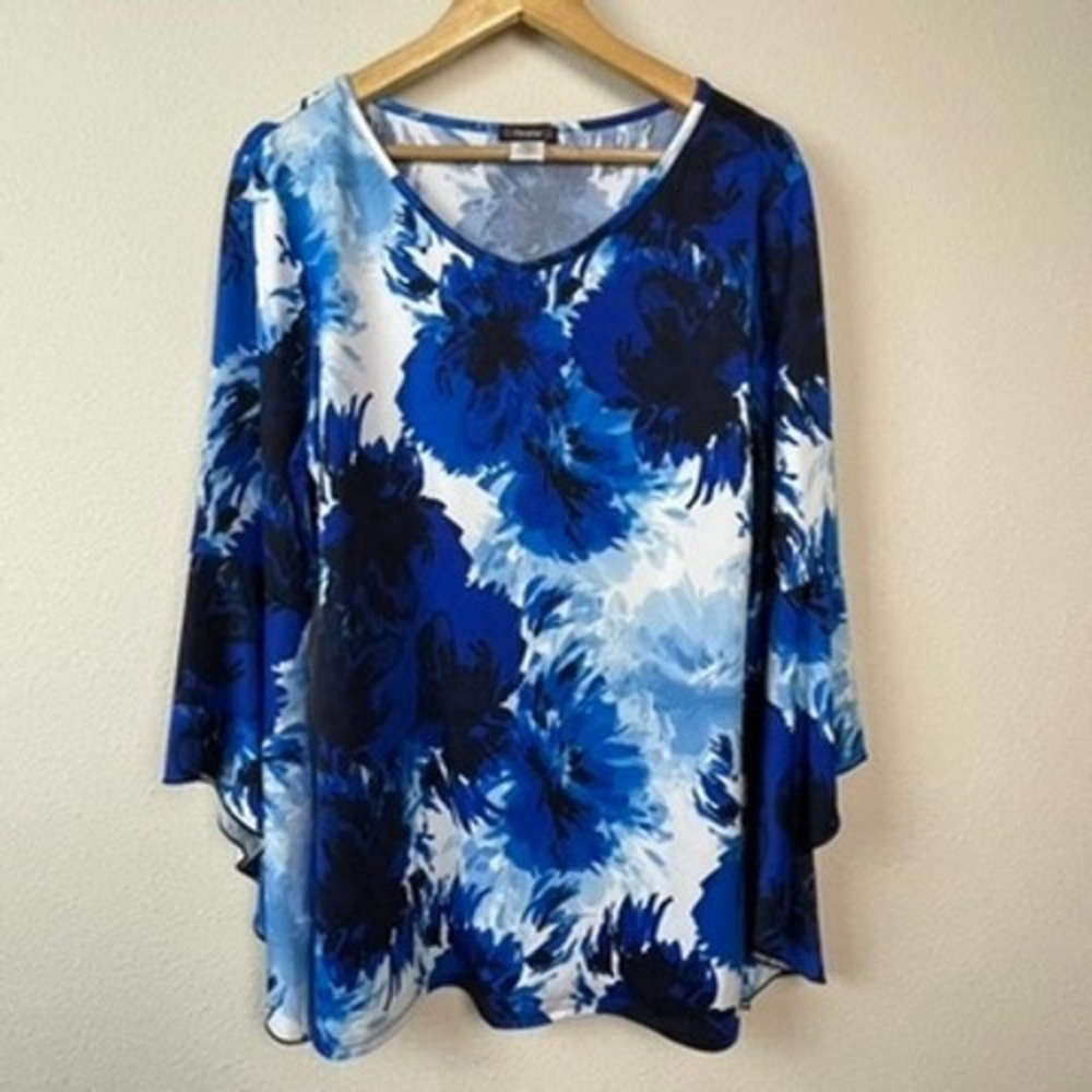 Cocomo Floral Bell Sleeve Top Womens L Blue V-Neck Relaxed Tunic Blouse